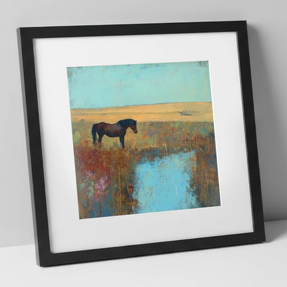 Silent Waters horse landscape art print in black frame