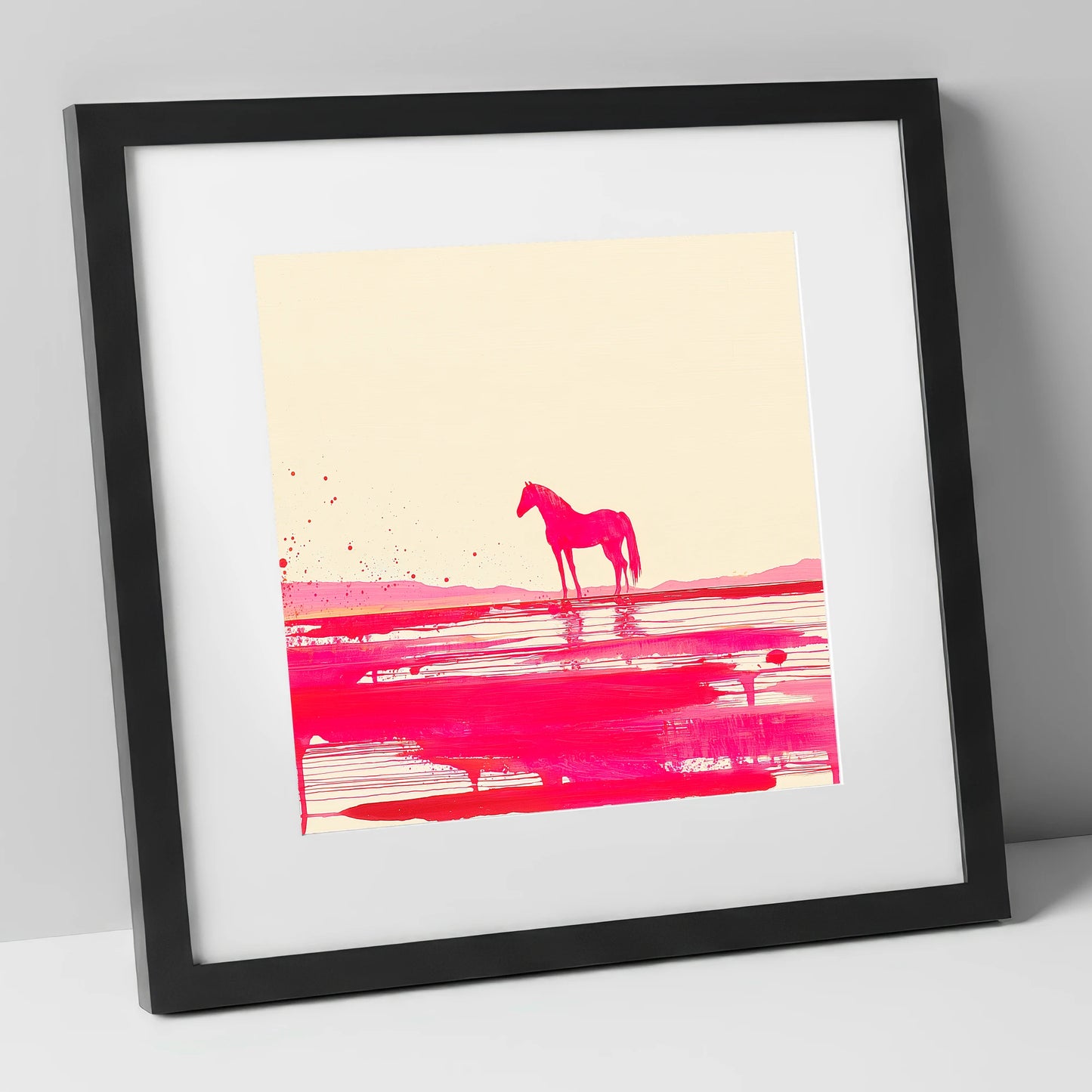 Magenta Horizon Reflection horse landscape art print in black frame