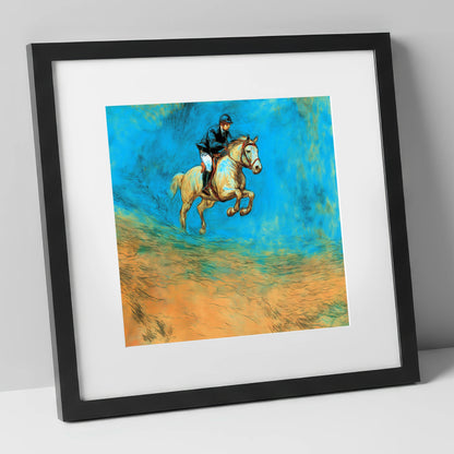 Flight in Cerulean show jumping horse art print in black frame