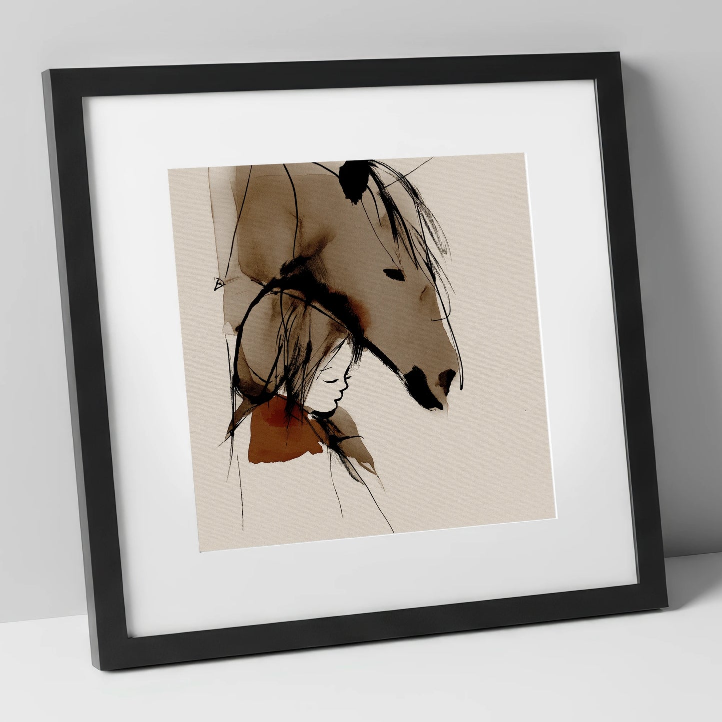 The Quiet Bond horse & rider art print in black frame