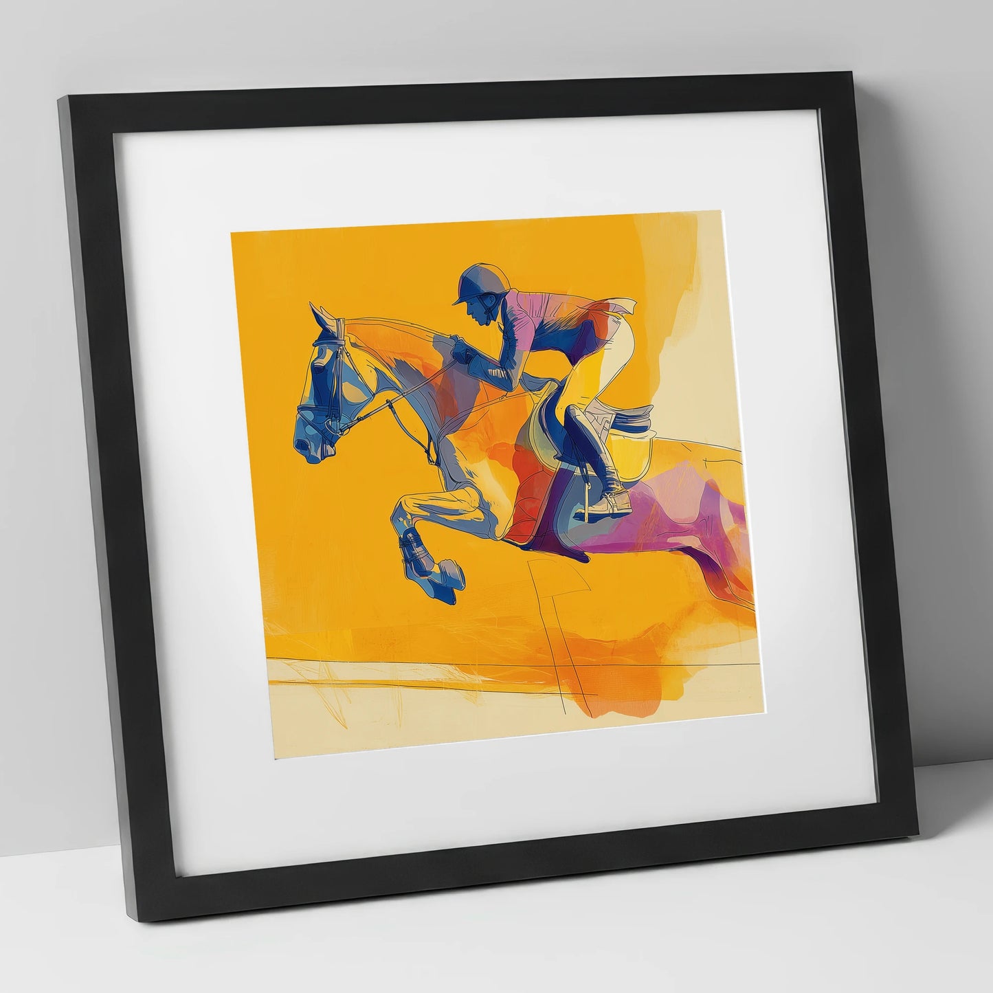 Vivid Golden Flight show jumping horse art print in black frame