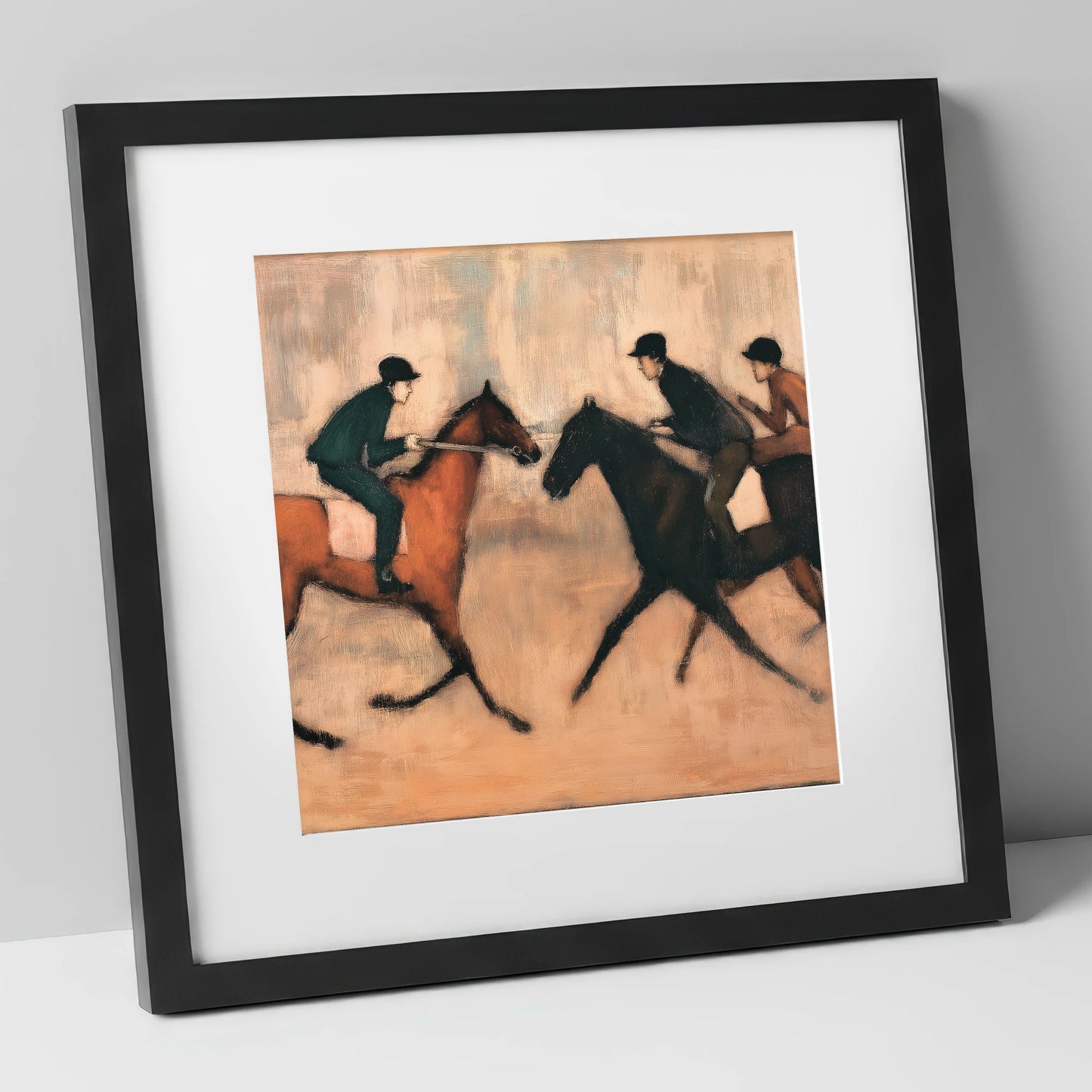 Meeting on the Gallops racing horse art print in black frame