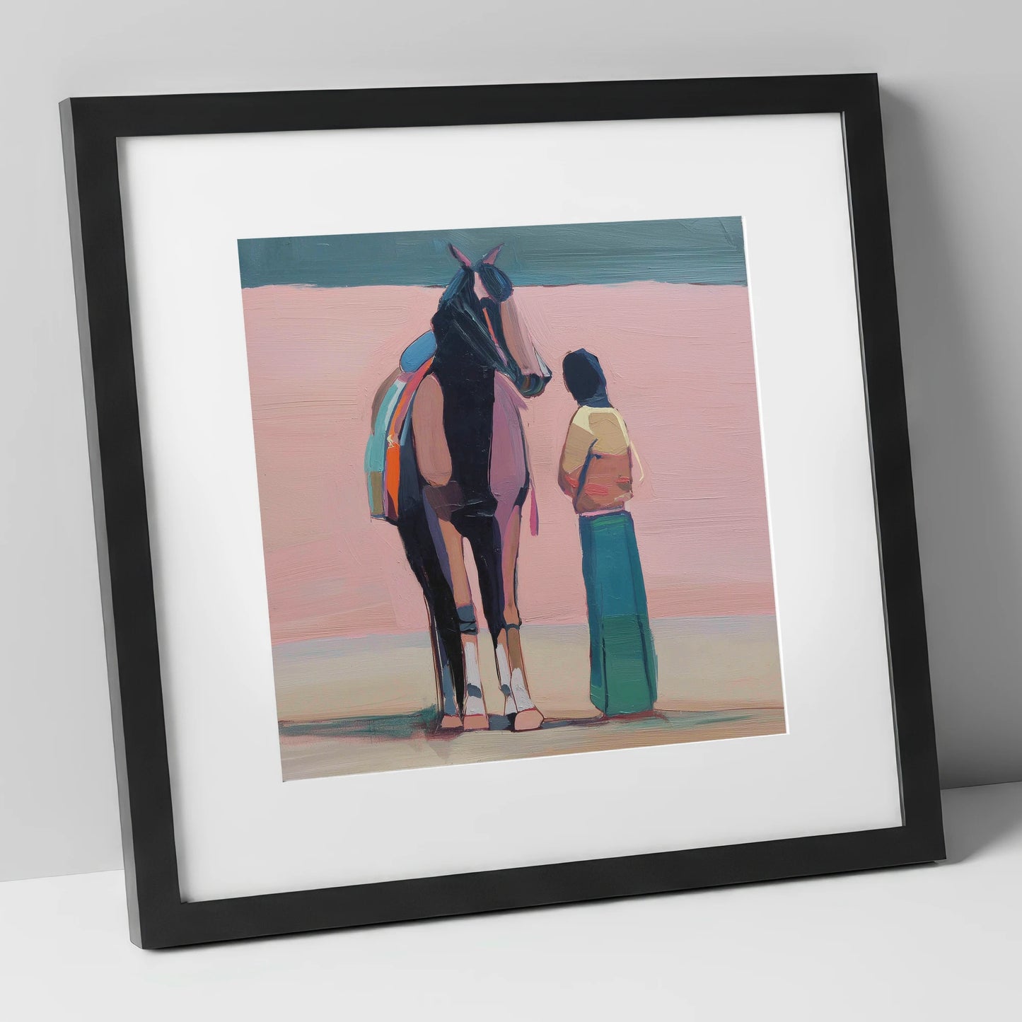 Stillness in Rose horse & rider art print in black frame