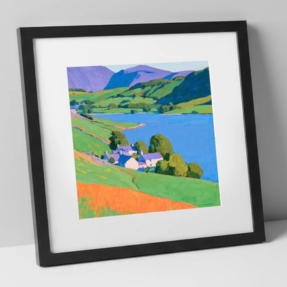 Vibrant Lakeside Valley horse landscape art print in black frame