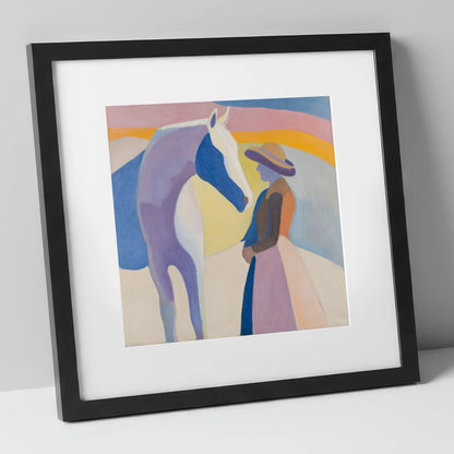 The Quiet Encounter horse & rider art print in black frame