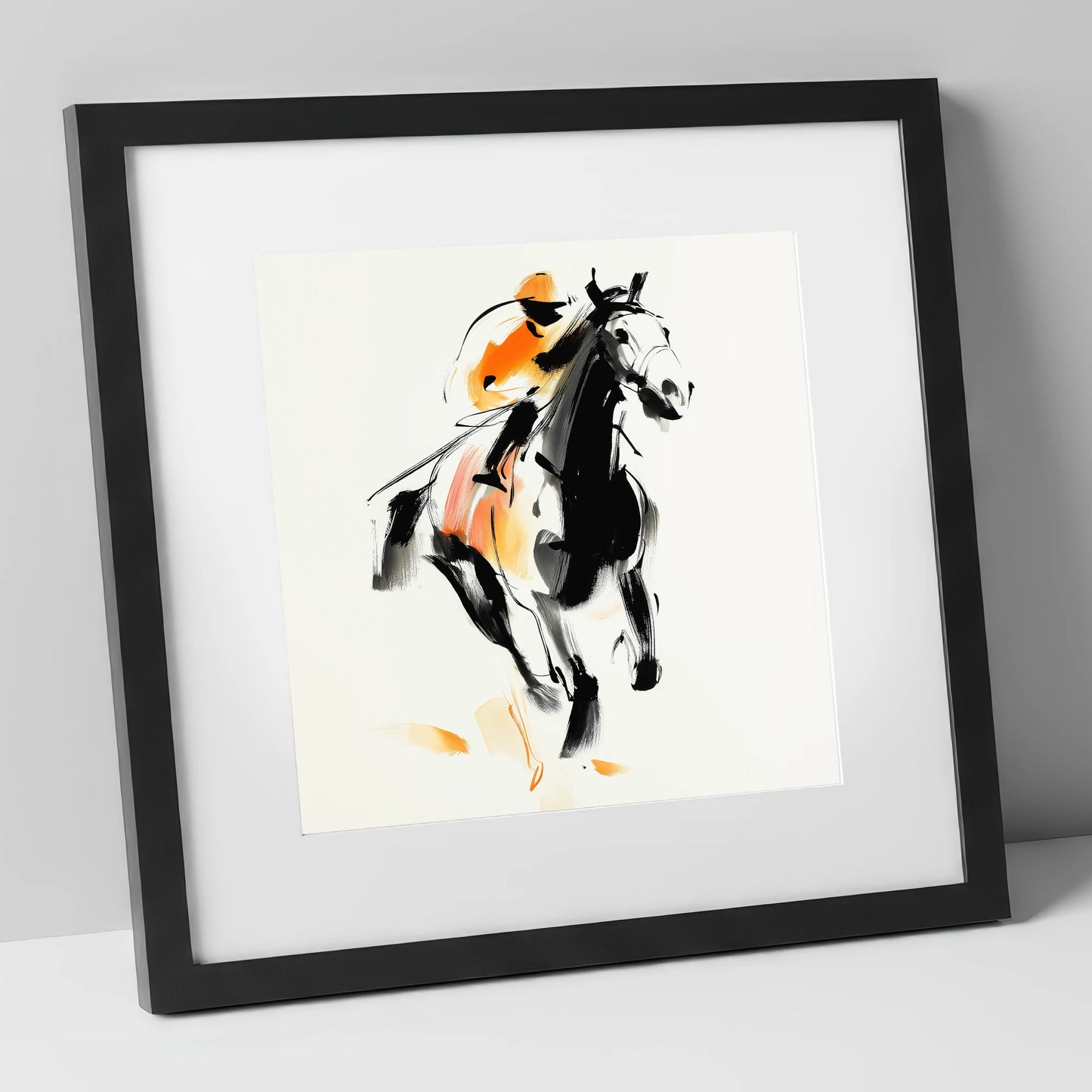 The Amber Sprint racing horse art print in black frame