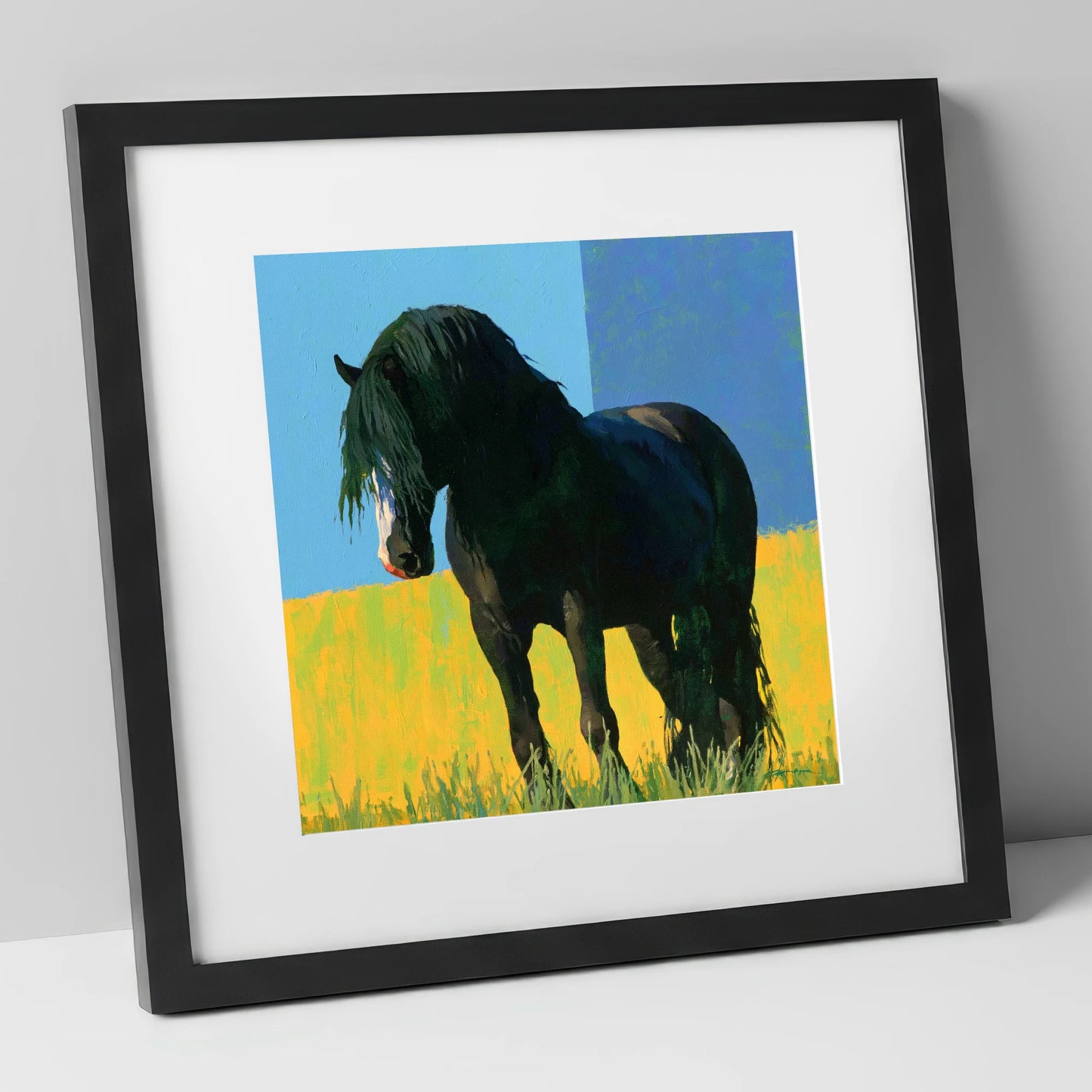 Black Cob in Yellow Field horse breed art print in black frame