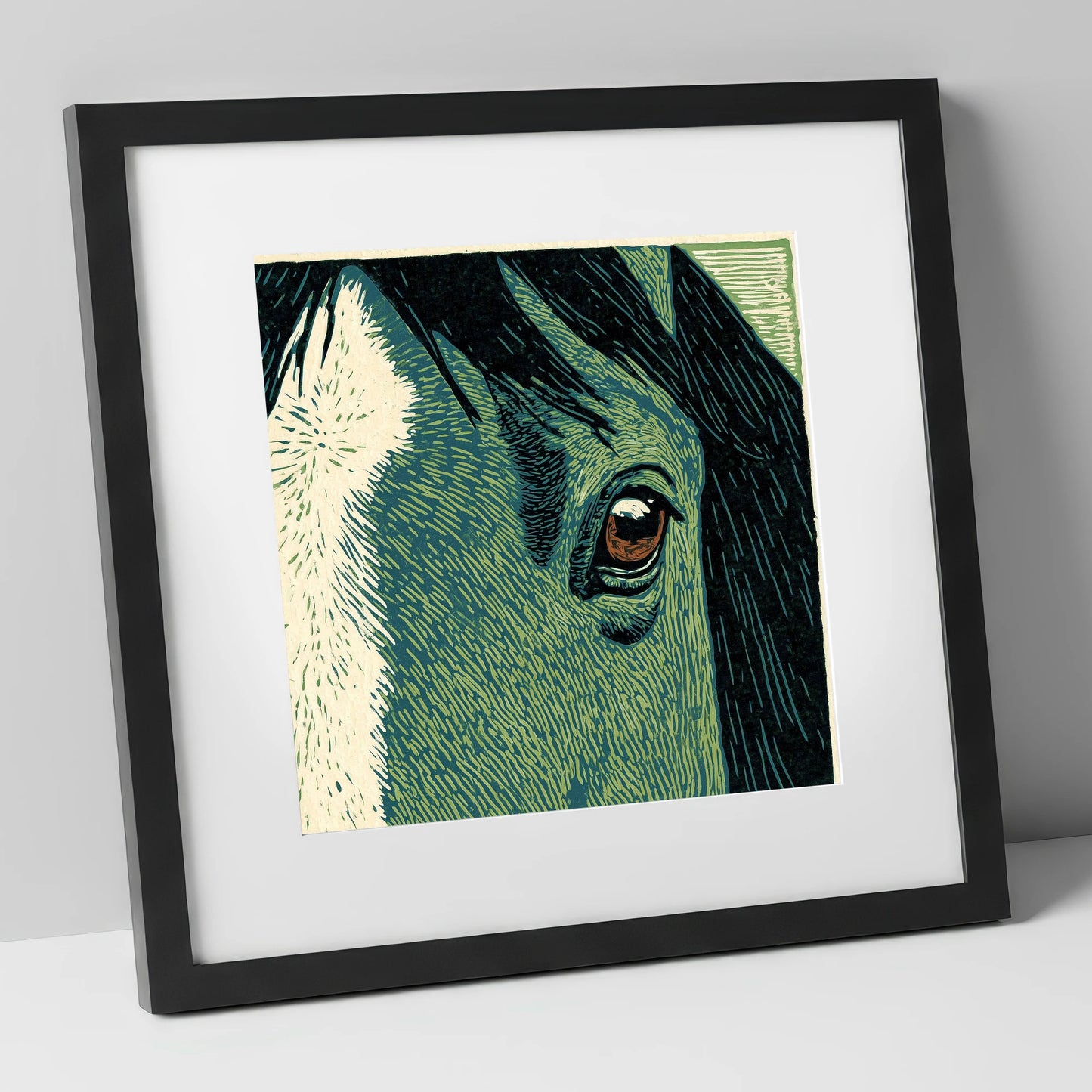 The Watchful Gaze horse portrait art print in black frame