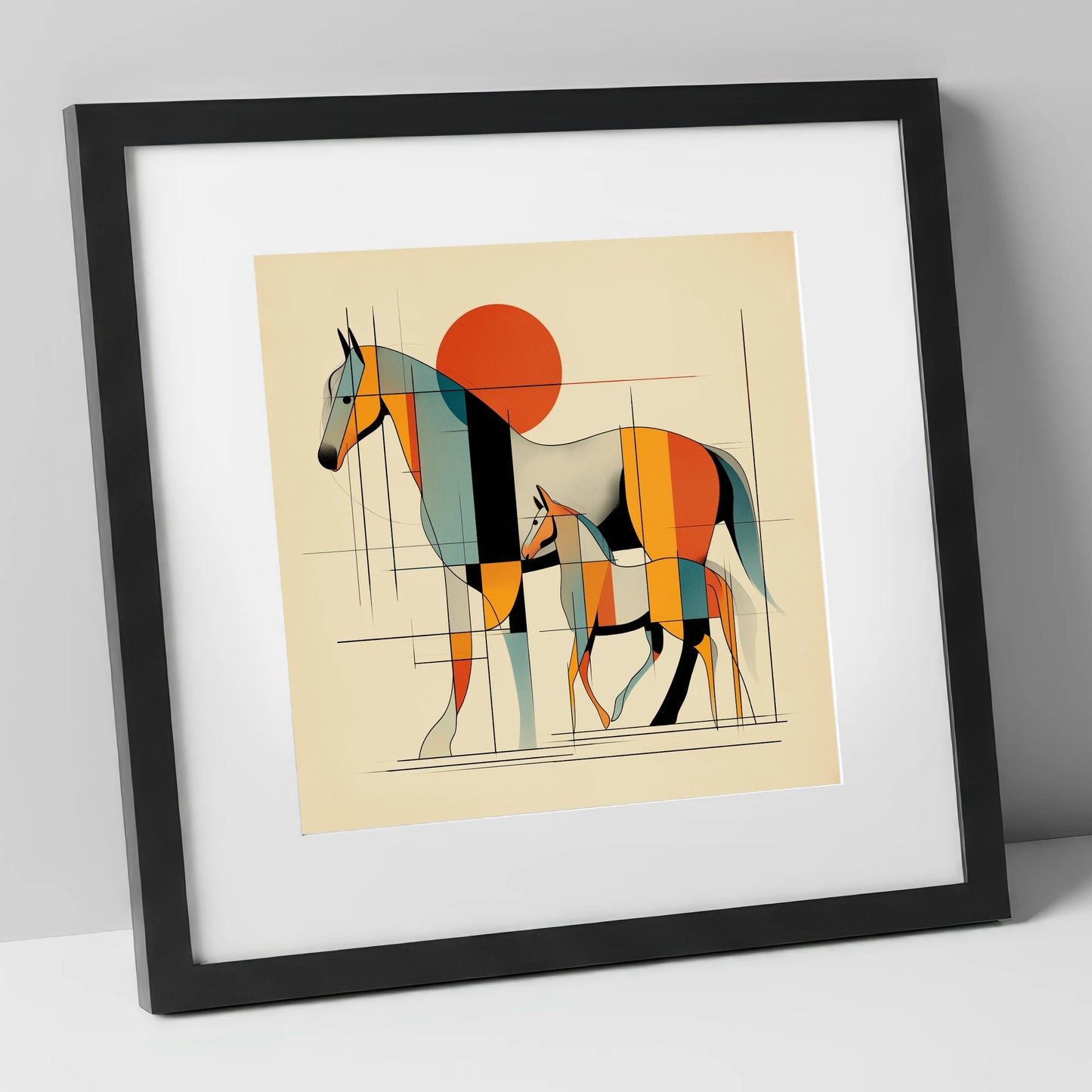 Harmony in Form mare & foal art print in black frame