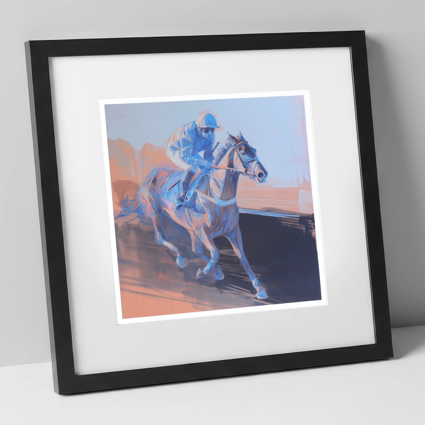 Indigo Stride racing horse art print in black frame