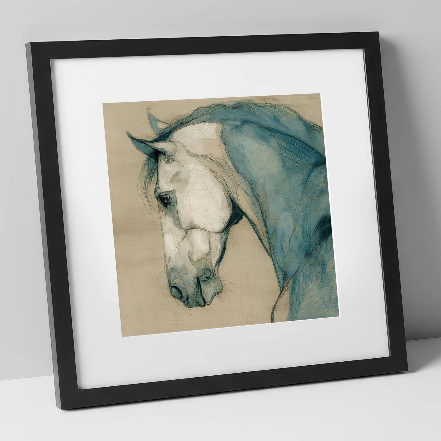 Teal Equine Study horse portrait art print in black frame