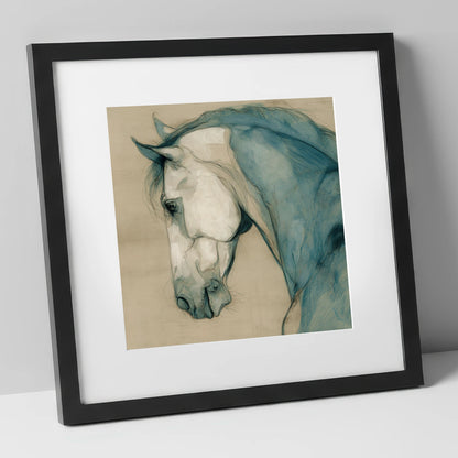 Teal Equine Study horse portrait art print in black frame
