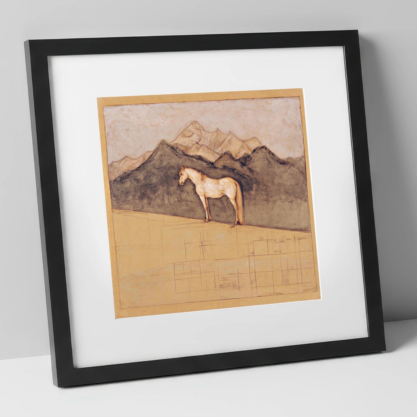 Mountain Sentinel horse landscape art print in black frame