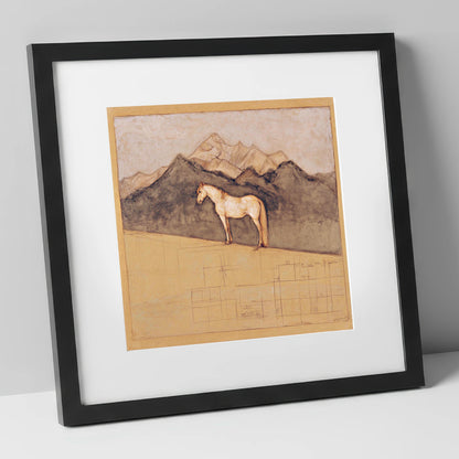 Mountain Sentinel horse landscape art print in black frame