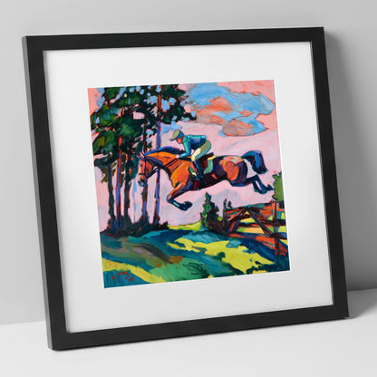 Vibrant Cross Country Leap show jumping horse art print in black frame