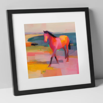 Vibrant Painted Stride horse landscape art print in black frame