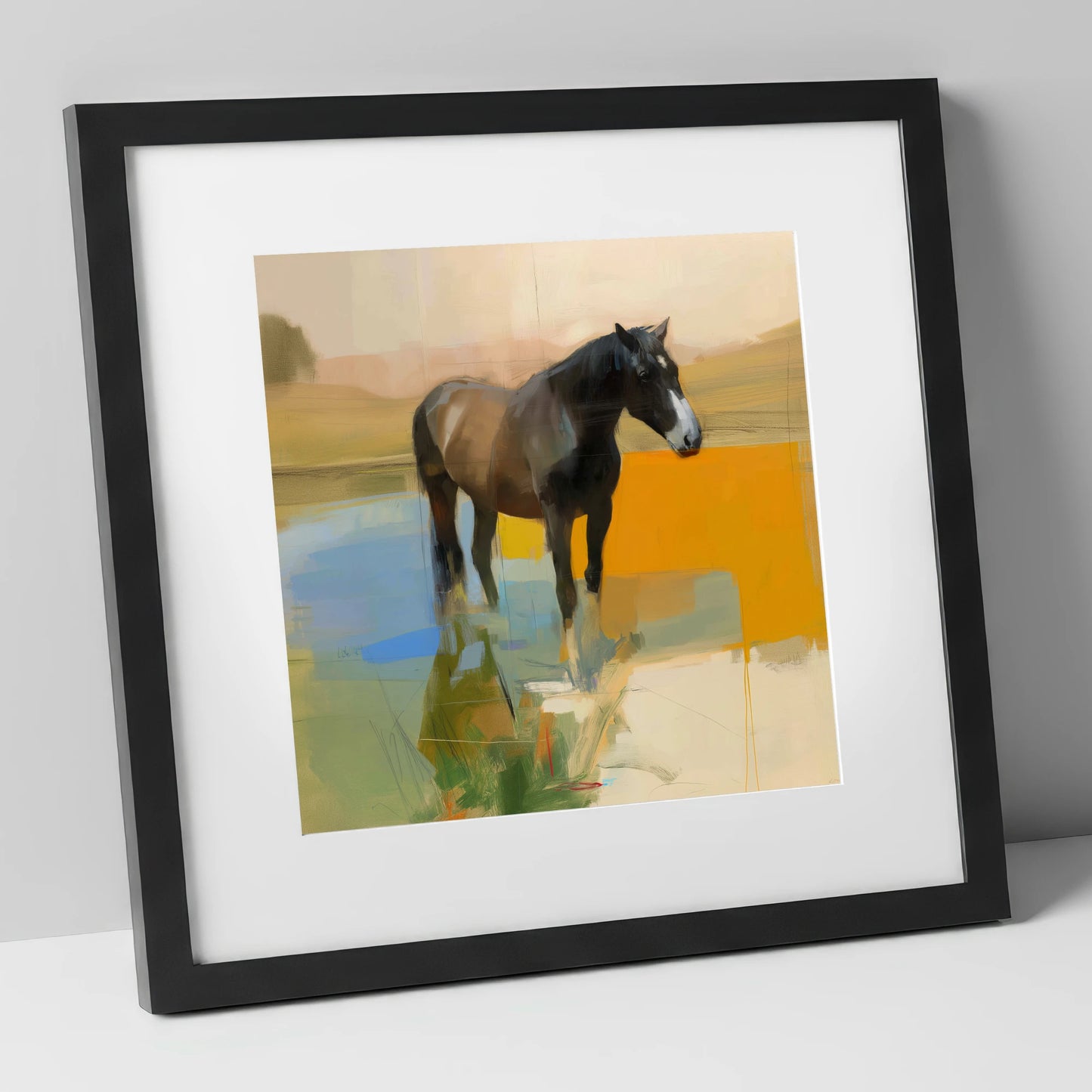 Reflections in Ochre horse portrait art print in black frame