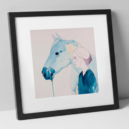 Cerulean Soulmates horse & rider art print in black frame