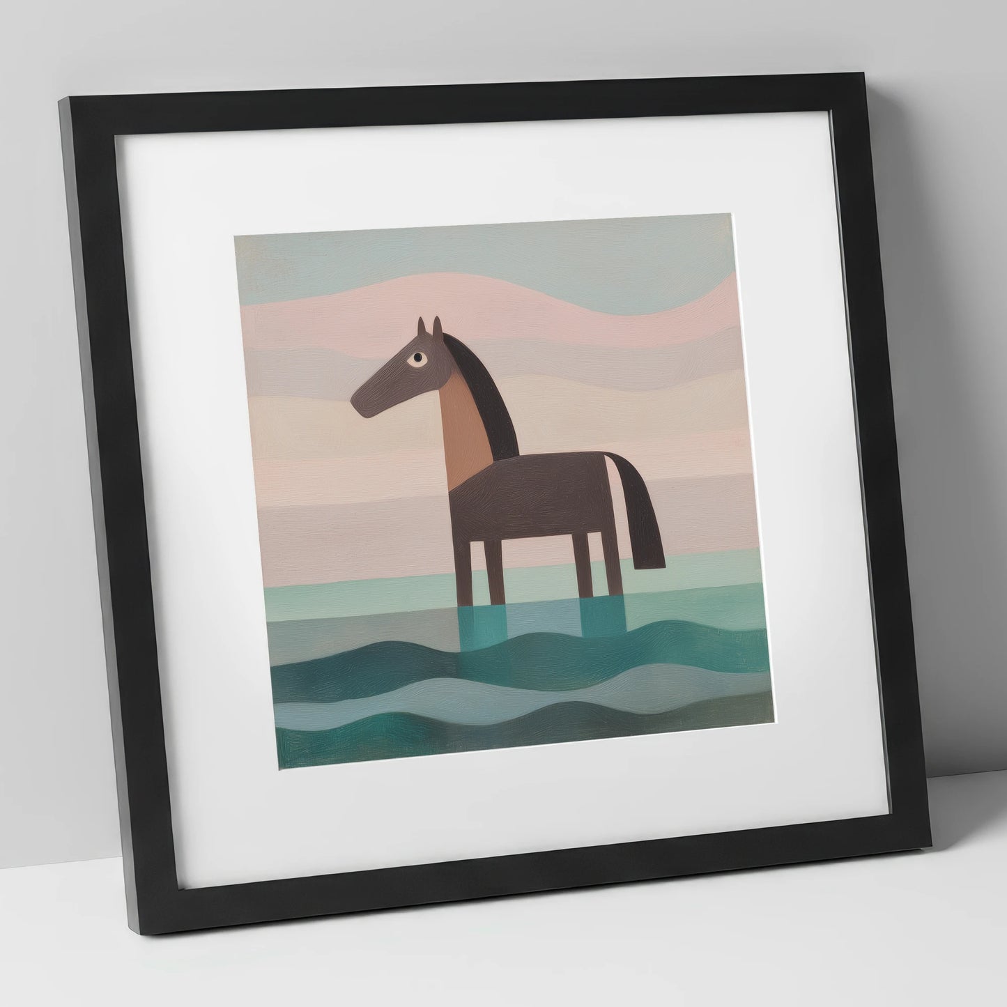 Stillness in the Shallows beach horse art print in black frame