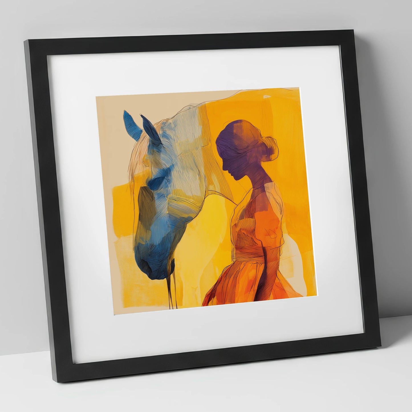 Amber Reverie horse & rider art print in black frame