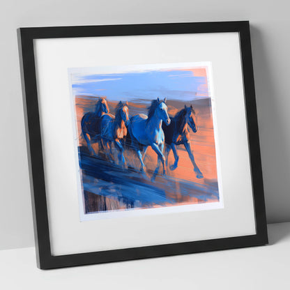 Cobalt Horizon Herd wild horses art print in black frame
