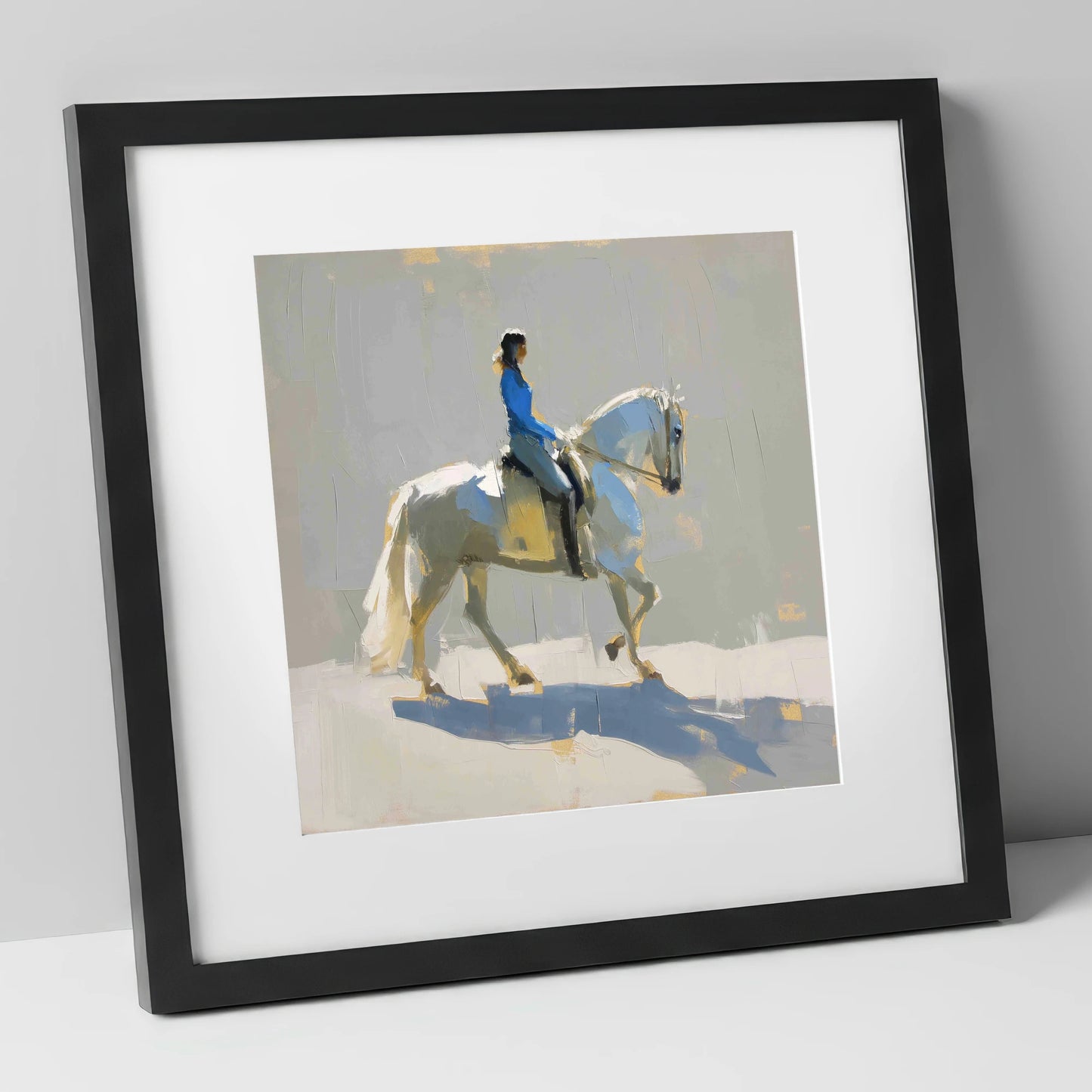 Collected in Blue dressage horse art print in black frame