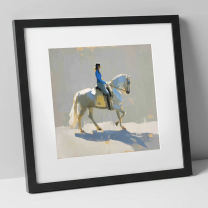 Collected in Blue dressage horse art print in black frame