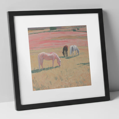 Dusky Meadow Grazing horse landscape art print in black frame