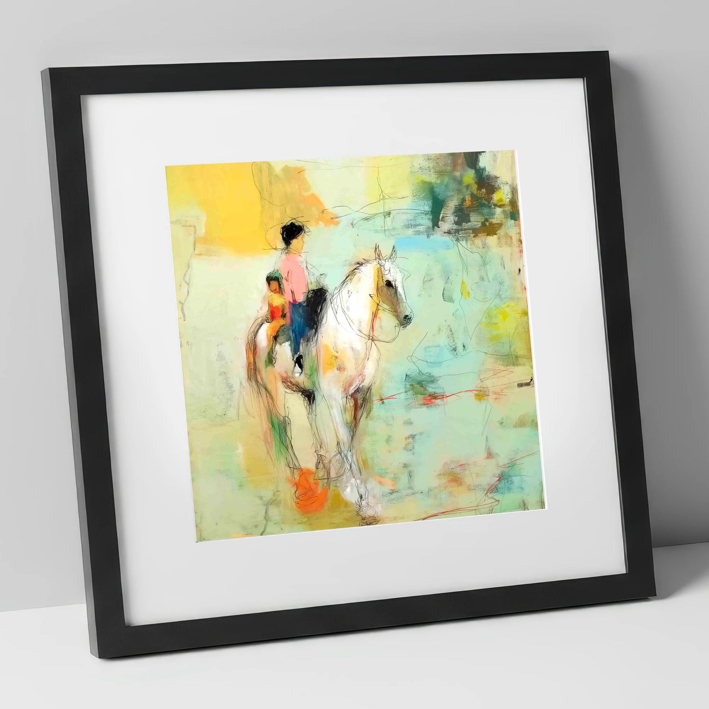 The Shared Ride horse & rider art print in black frame