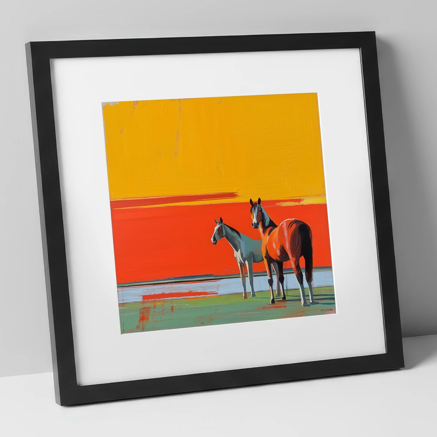 Golden Horizon Companions horse landscape art print in black frame