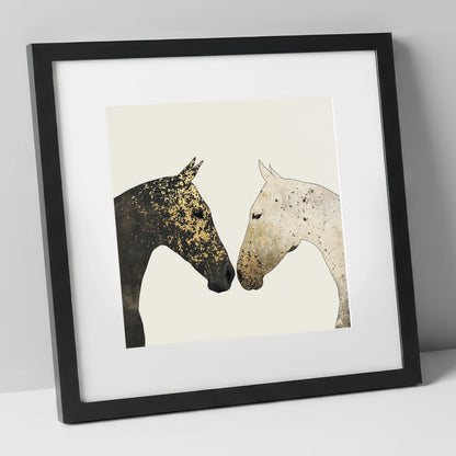 Gilded Encounter horse portrait art print in black frame