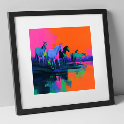 Electric Sunset Herd wild horses art print in black frame