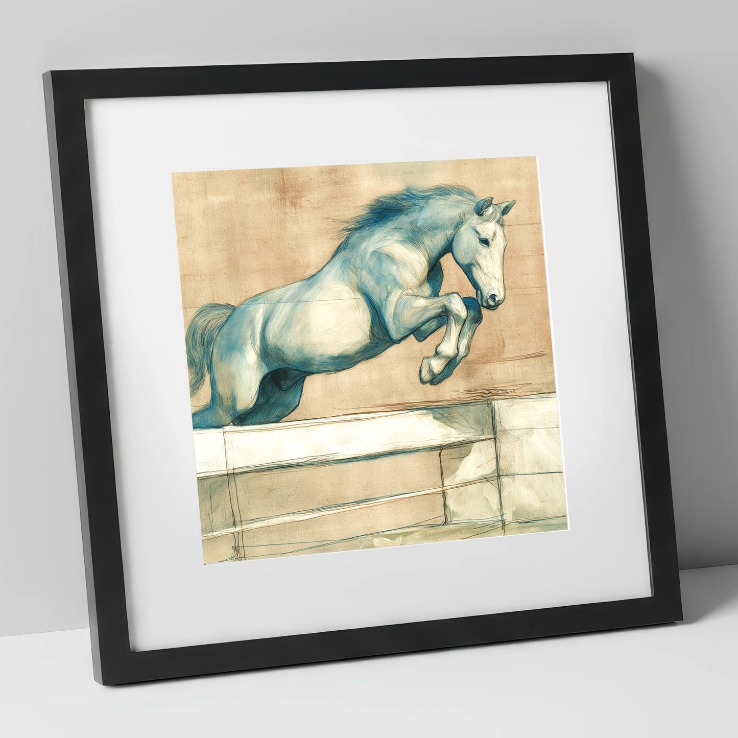 Airborne Grace show jumping horse art print in black frame