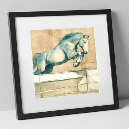 Airborne Grace show jumping horse art print in black frame