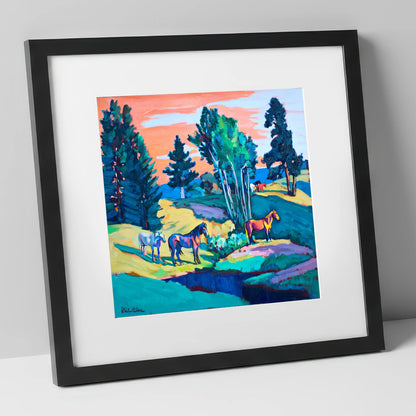 Vibrant Summer Pastures horse landscape art print in black frame