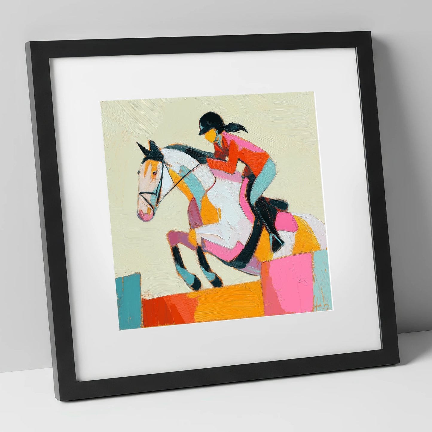 Painted Flight show jumping horse art print in black frame