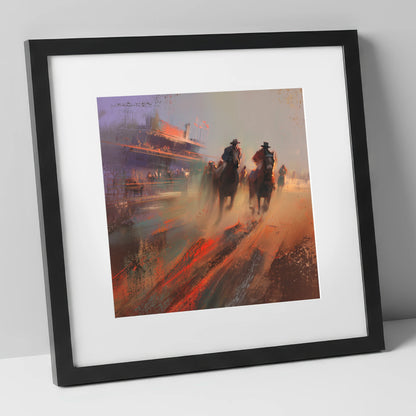 Thunder on the Track racing horse art print in black frame