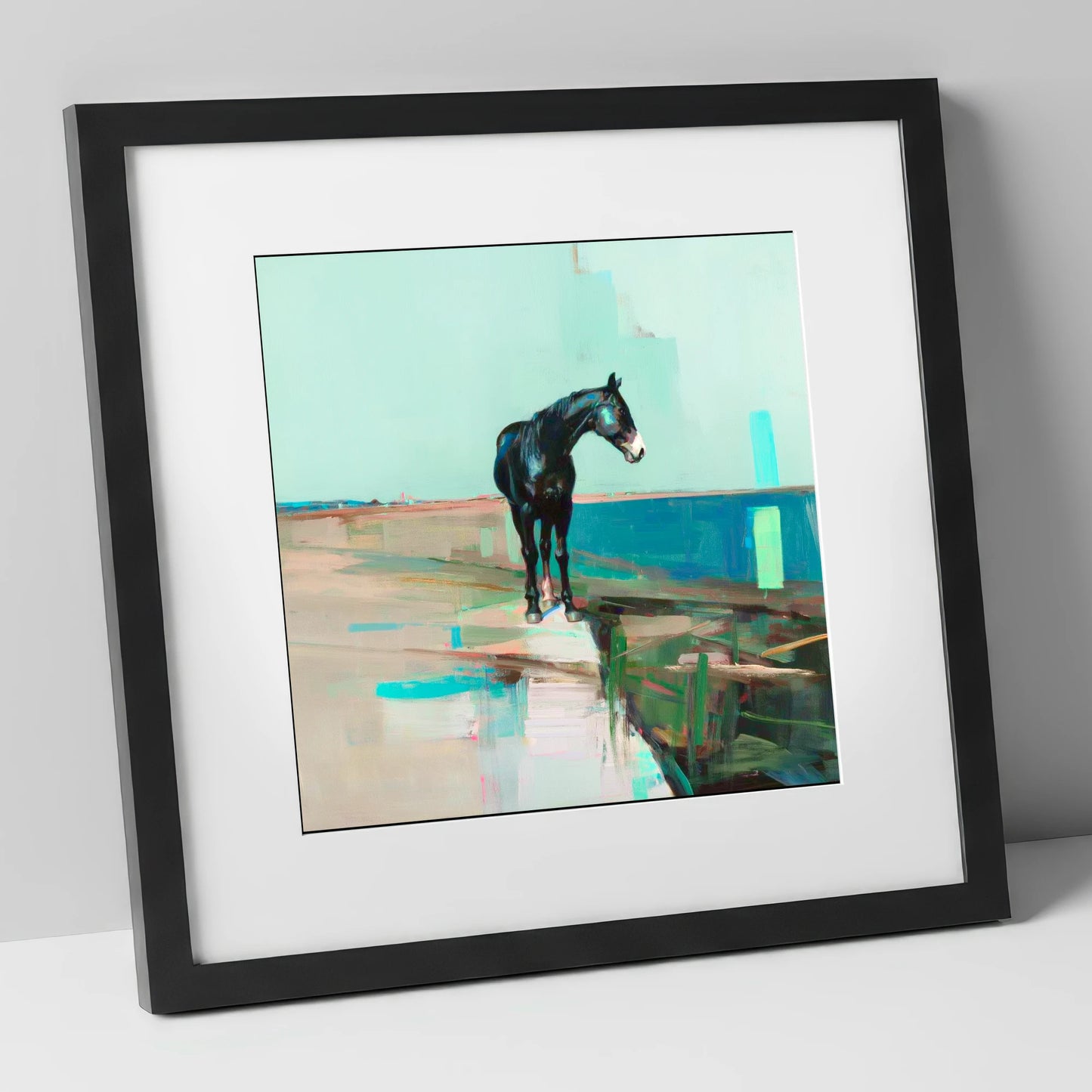 Silent Teal Horizon horse landscape art print in black frame
