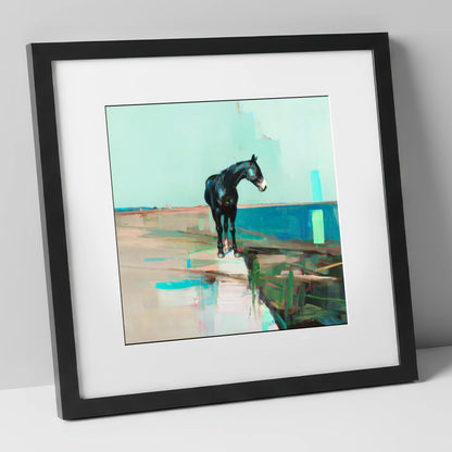 Silent Teal Horizon horse landscape art print in black frame