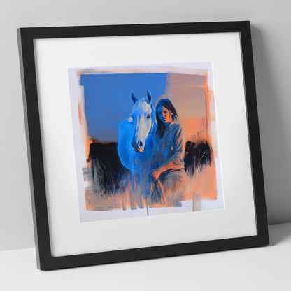 The Silent Connection horse & rider art print in black frame