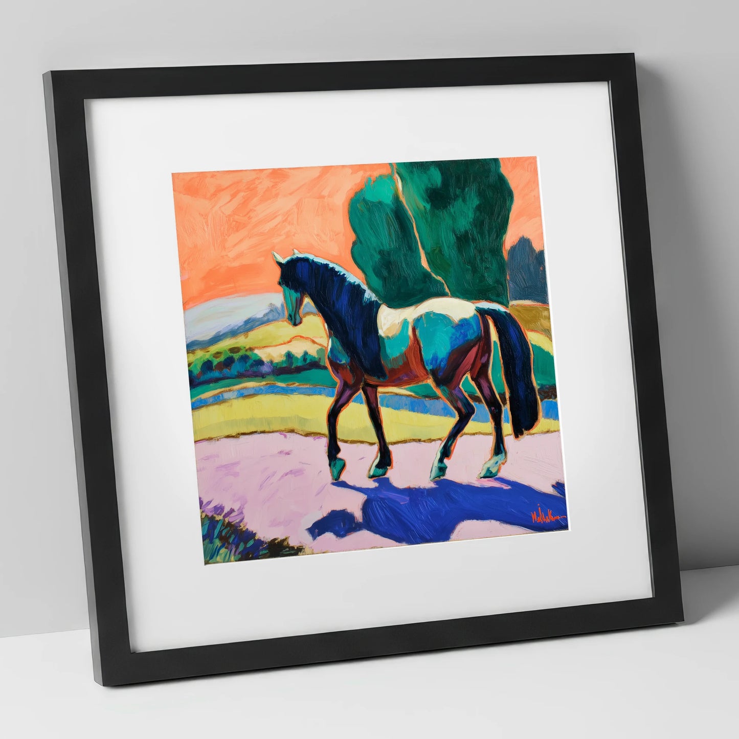 The Cobalt Stride horse breed art print in black frame