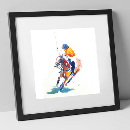 Dynamic Chukka polo horse art print in black frame