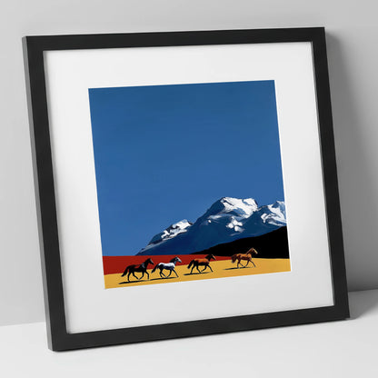 Gallop Beneath the Peaks horse landscape art print in black frame
