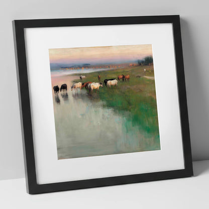 Misty Waterside Herd wild horses art print in black frame