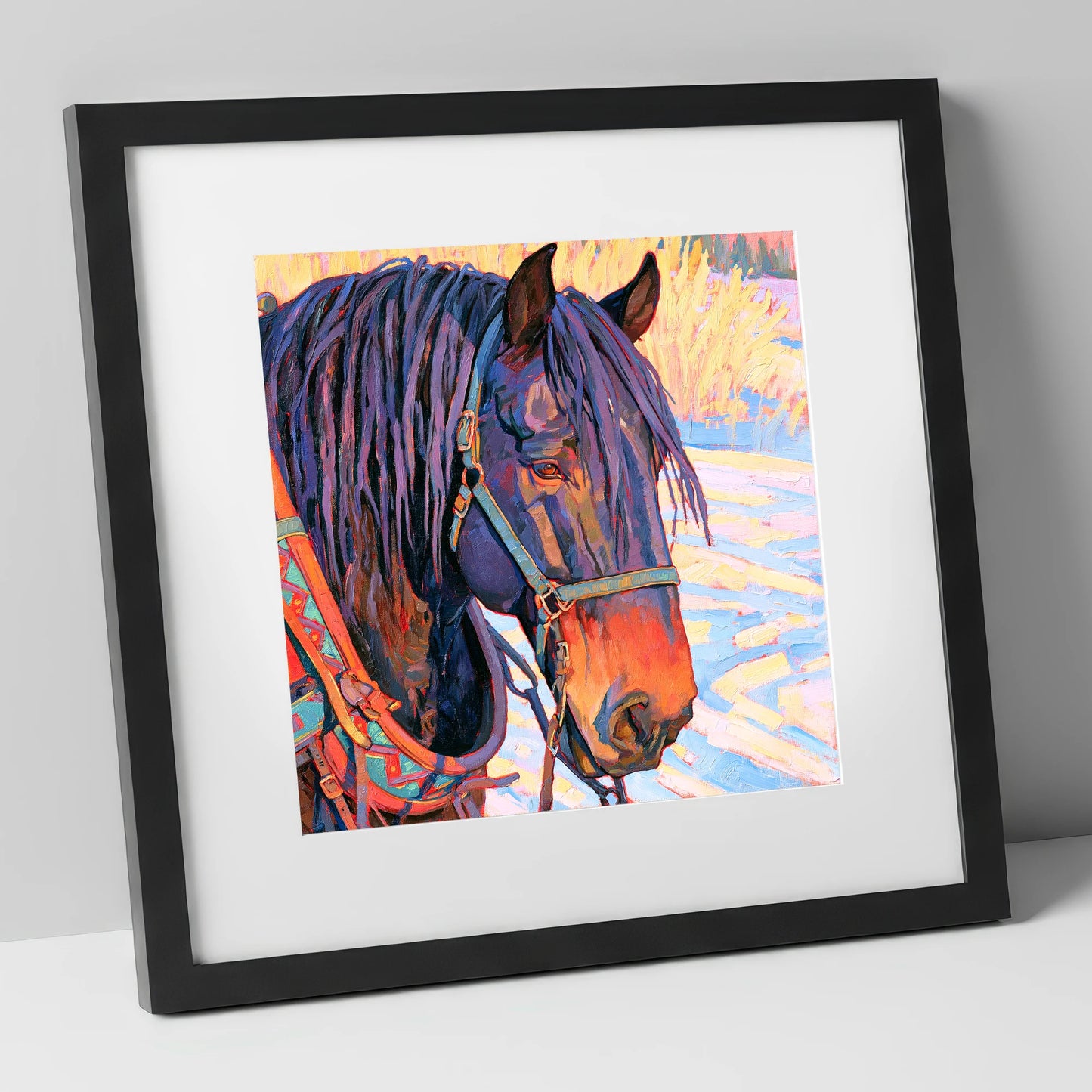 Vibrant Heavy Horse In Winter Light horse breed art print in black frame