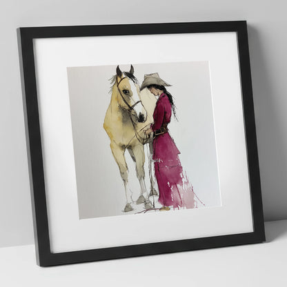 A Quiet Understanding horse & rider art print in black frame
