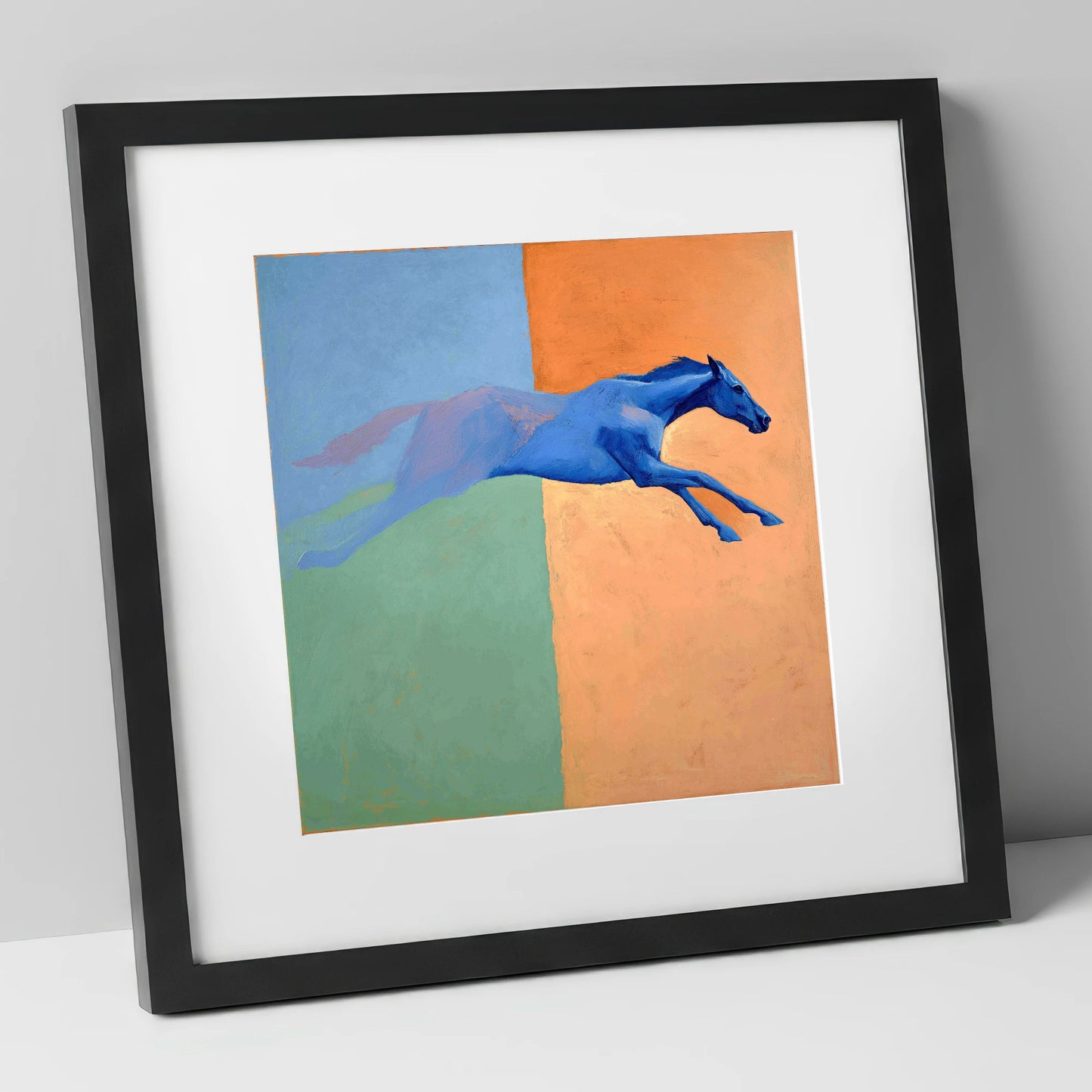 Cobalt Stretch racing horse art print in black frame