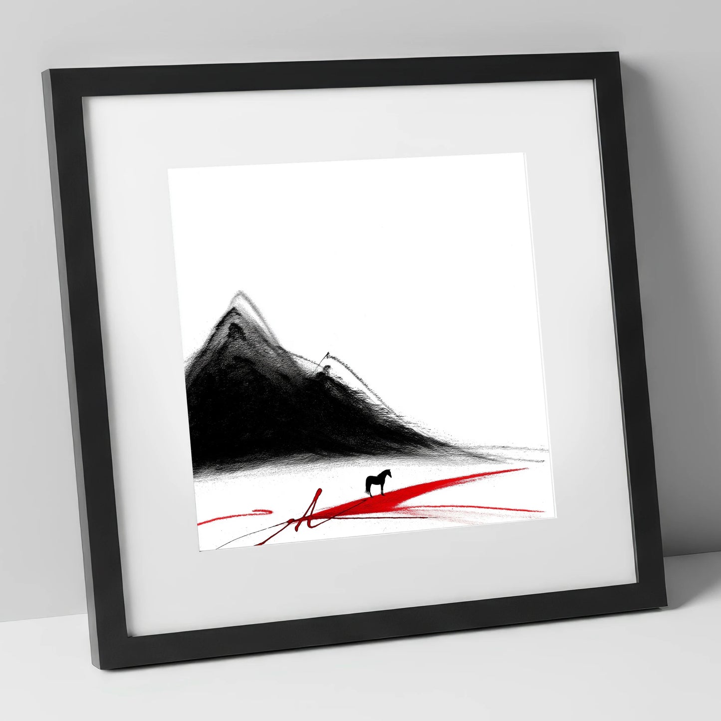 Crimson Path Silhouette horse landscape art print in black frame