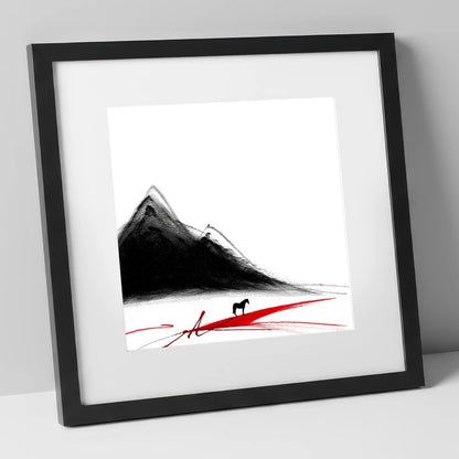 Crimson Path Silhouette horse landscape art print in black frame