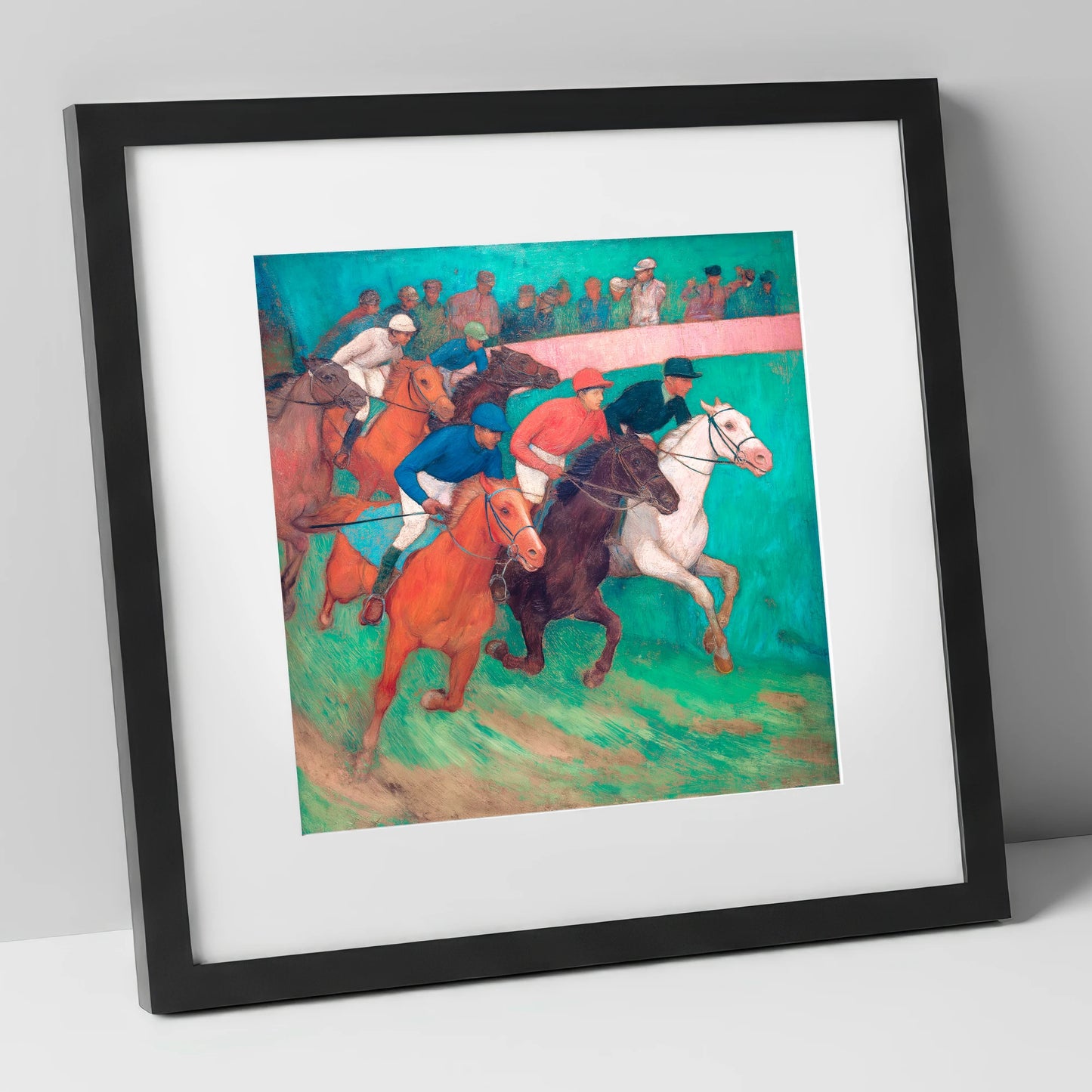 The Vibrant Furlong racing horse art print in black frame